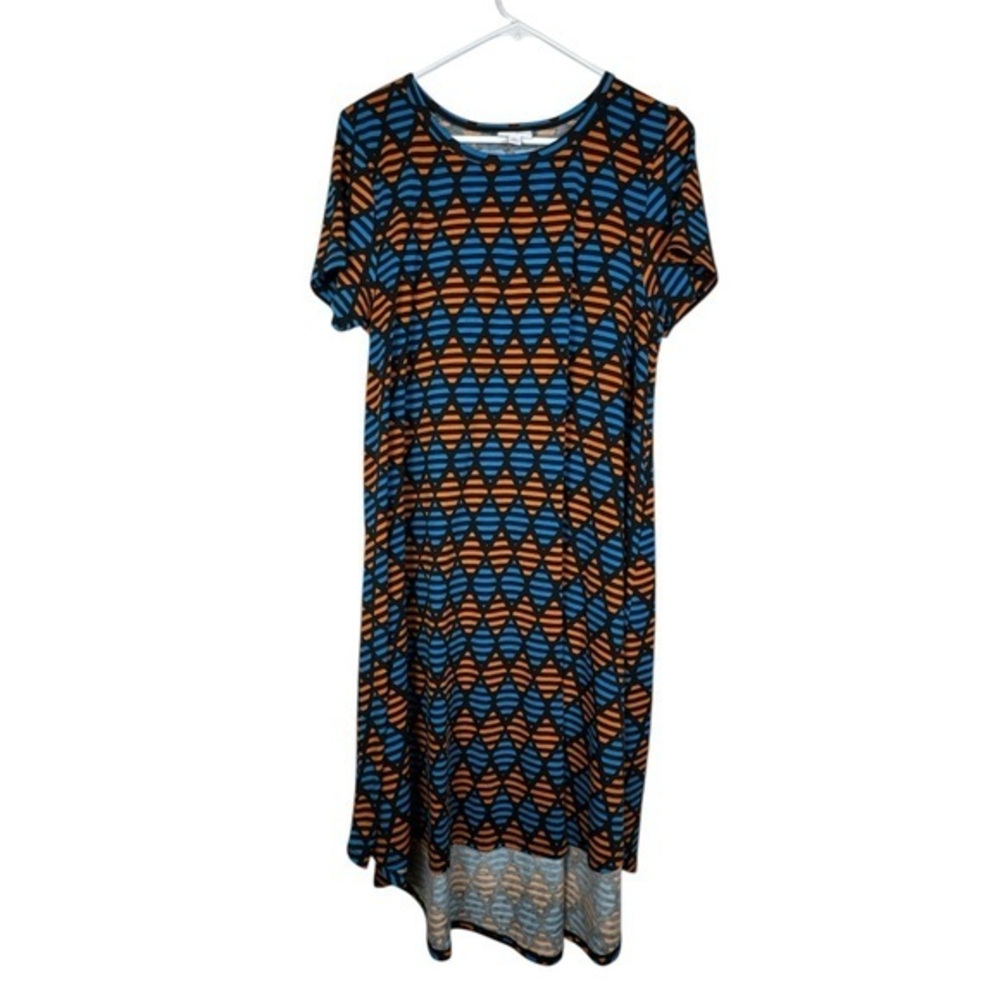 Lularoe Carly Black Orange Blue High Low Dress Size Med EUC #5696